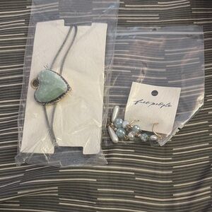 Free People Green Heart Necklace and Blue Earrings Set